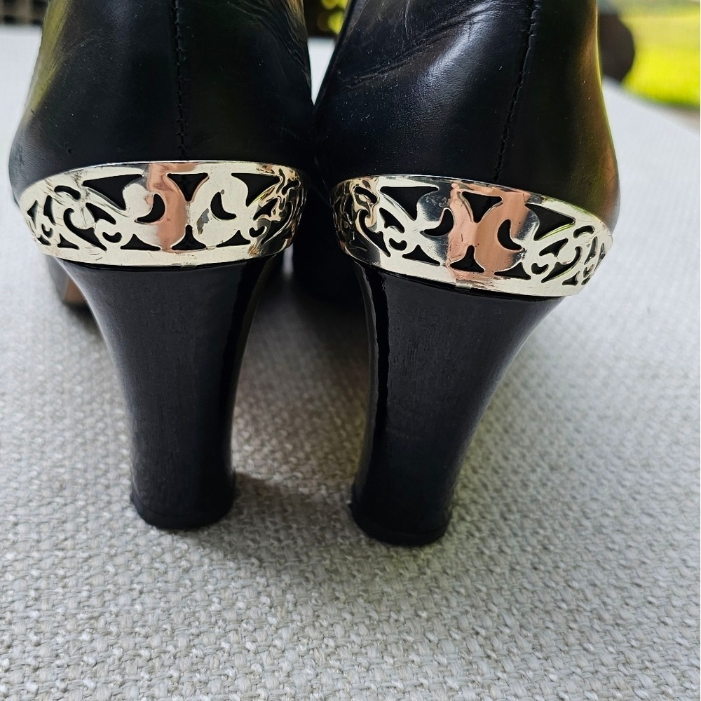 Brighton Black Leather Heeled Shoes with Lace Detail Silver Embellished 7.5 Med - Picture 5 of 11